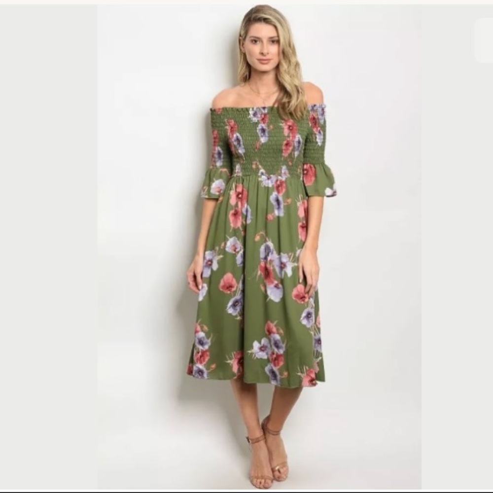 Green Floral Smocked Off Shoulder Dress S M L NEW